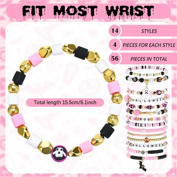 56 Pcs Halloween Beaded Bracelets Set for Women Unisex Spooky Charm Accessories - Picture 2 of 6